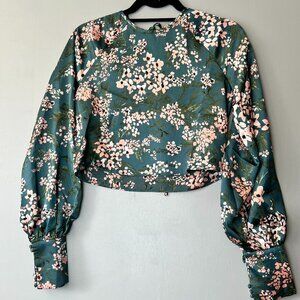 La’Ven Floral Print Satin Top Emerald Green XS Long Sleeve Cropped NWT
